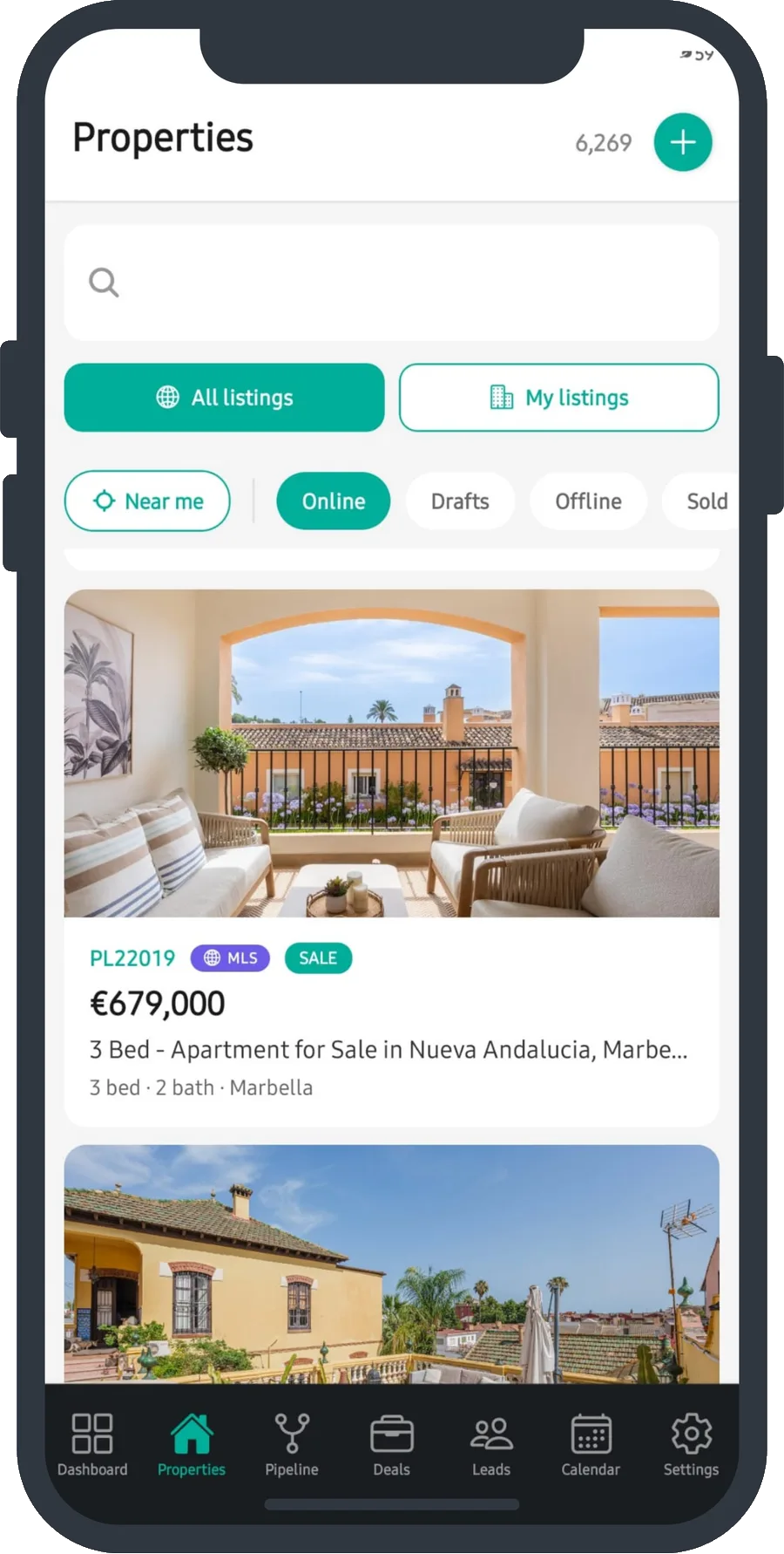 The PropertyList app Properties screen: search the full MLS with All listings, Near me and instant filters